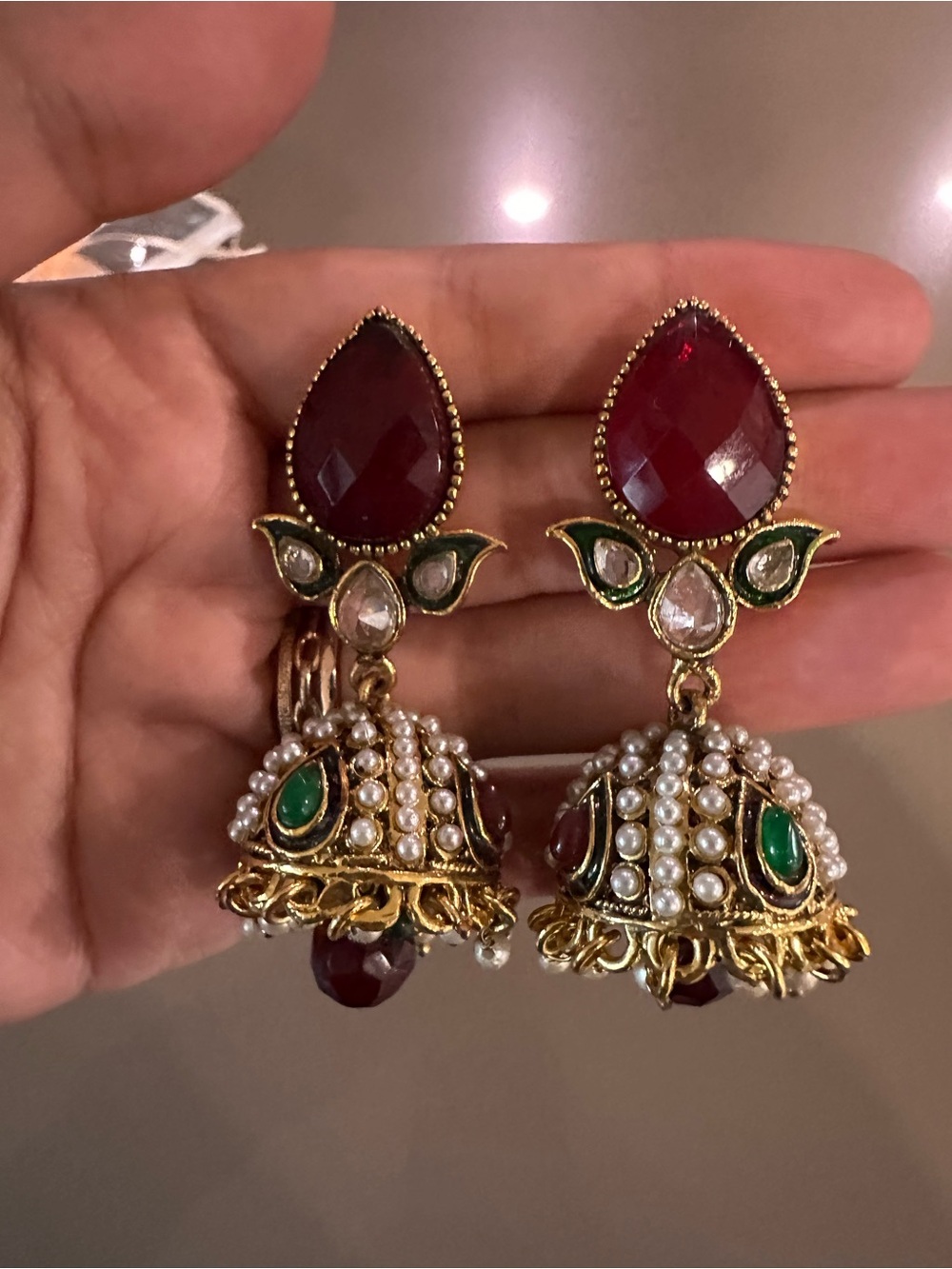 Gold-Tone Red & Green Pearl Jhumka Earrings